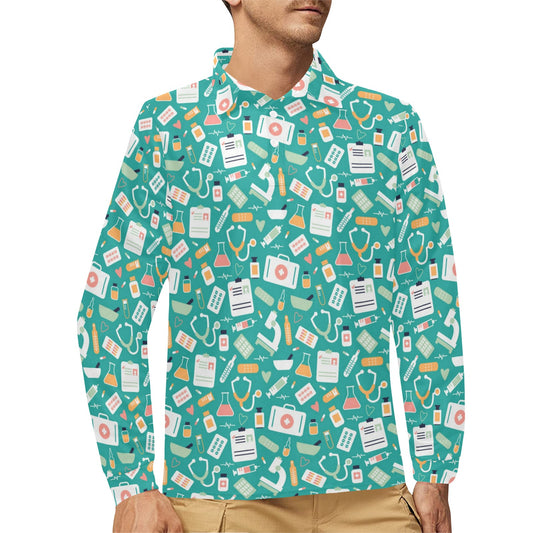 Medical Pattern Print Design 03 Long Sleeve Polo Shirt For Men's
