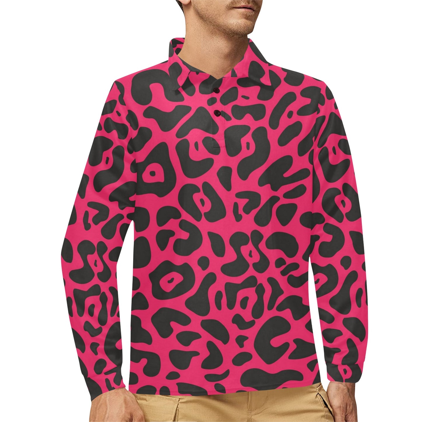Cheetah Pink Print Pattern Long Sleeve Polo Shirt For Men's