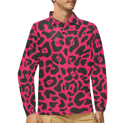 Cheetah Pink Print Pattern Long Sleeve Polo Shirt For Men's