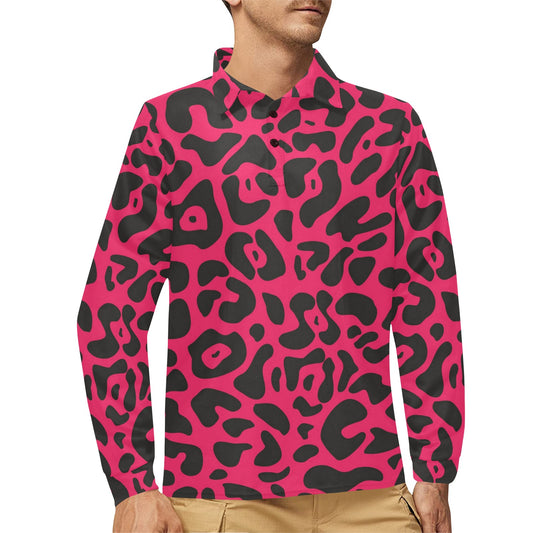 Cheetah Pink Print Pattern Long Sleeve Polo Shirt For Men's