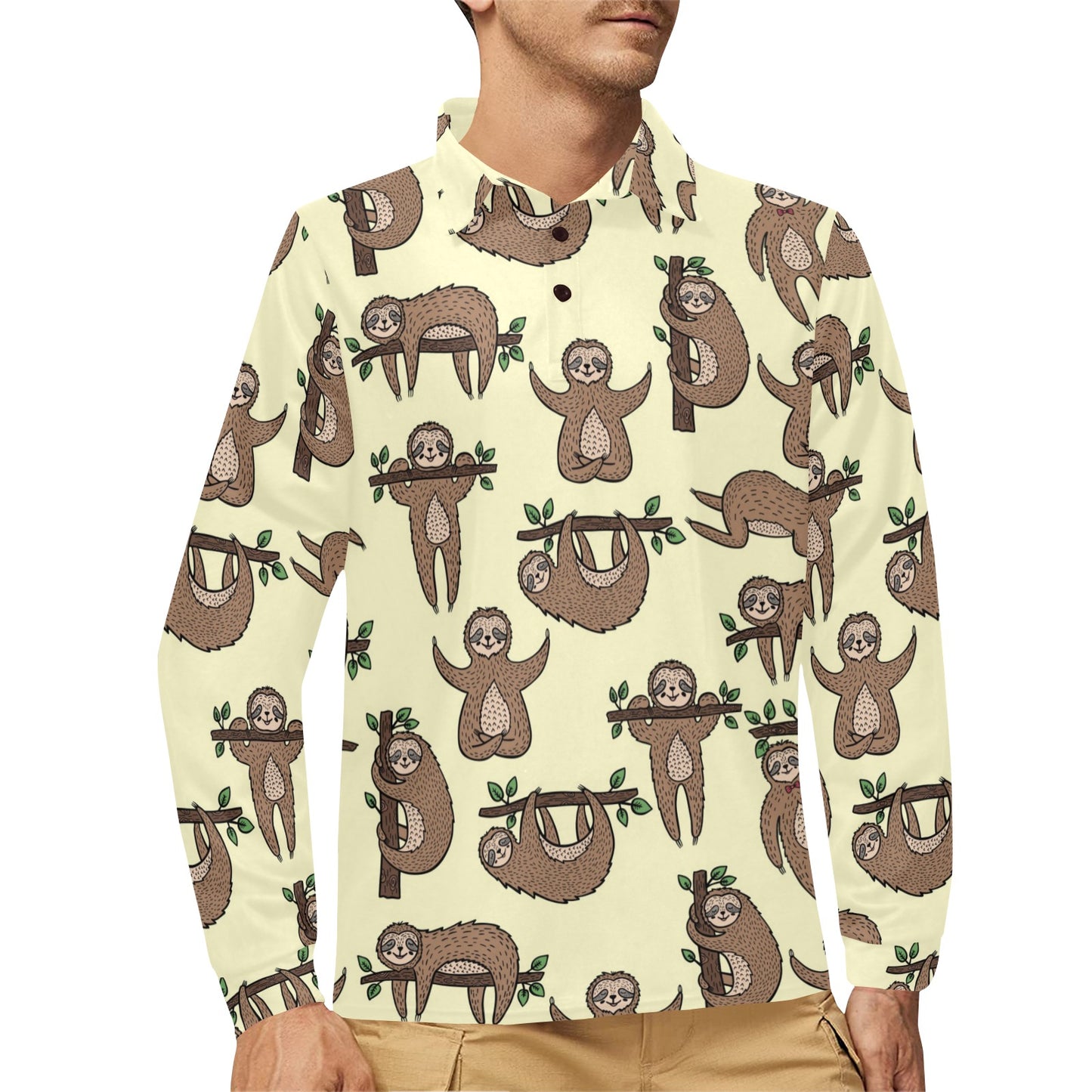 Sloth Print Design LKS3010 Long Sleeve Polo Shirt For Men's
