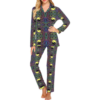 Yin Yang Neon Color Design Print Women's Long Pajama Set