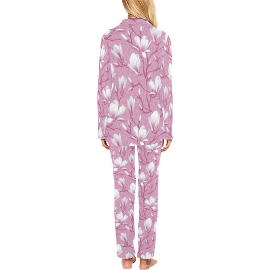 Magnolia Pattern Print Design MAG05 Women's Long Pajama Set
