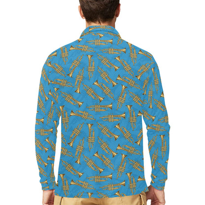 Trumpet Golden Pattern Themed Print Long Sleeve Polo Shirt For Men's