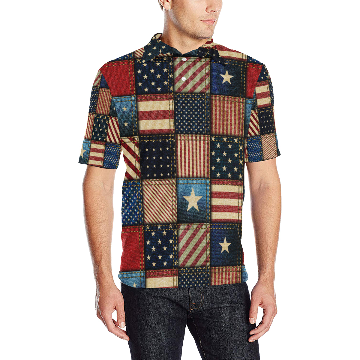 American flag Patchwork Design Men Polo Shirt
