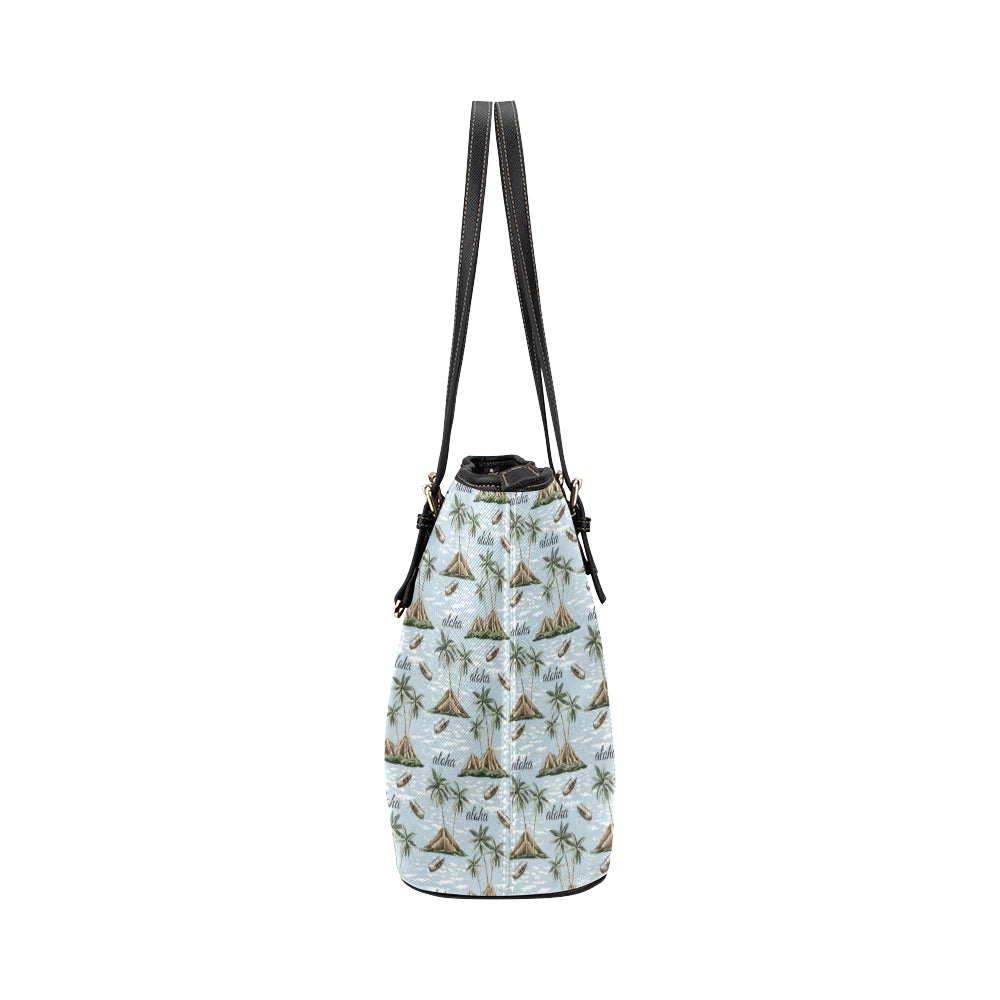 Aloha Hawaii island Design Themed Print Leather Tote Bag