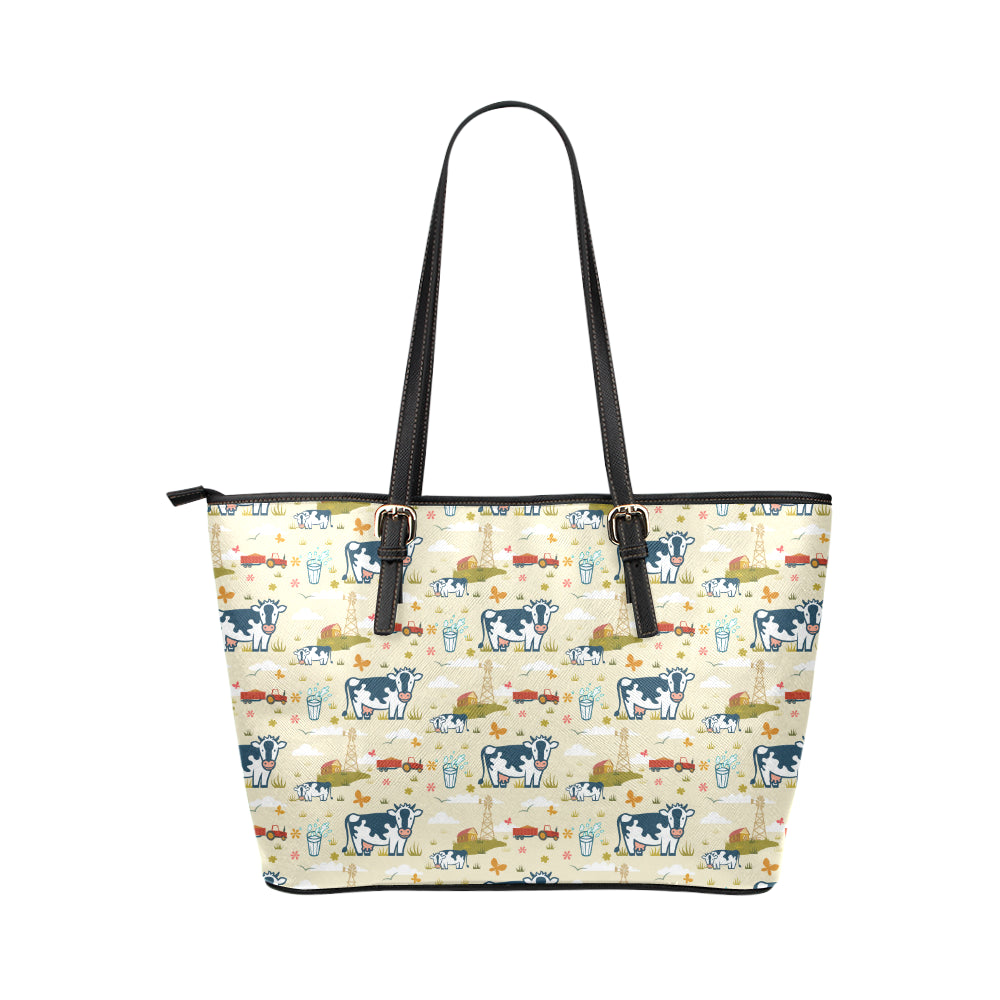 Cow Farm Design Print Leather Tote Bag