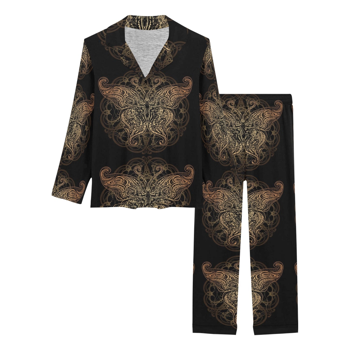 Gold Butterfly Ornamental Women's Long Pajama Set