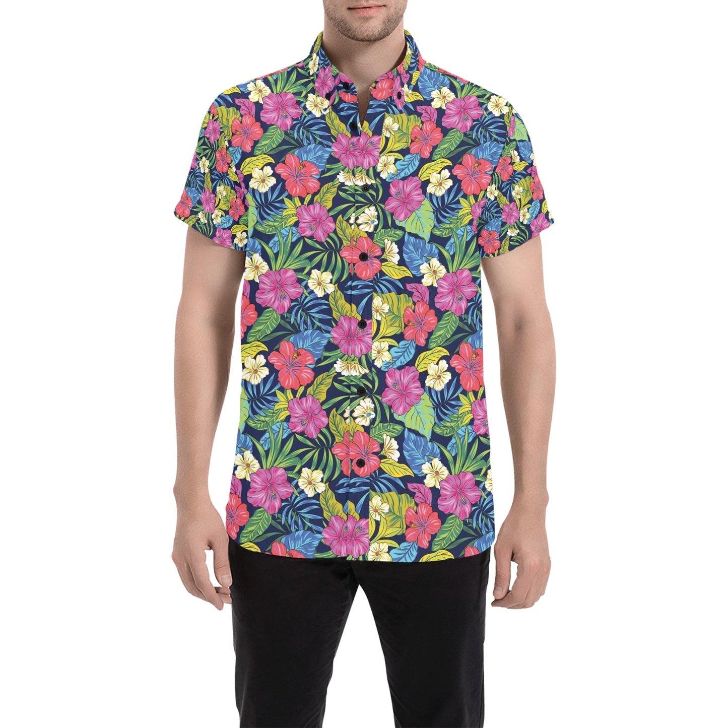 Hibiscus Print Design LKS3010 Men Short Sleeve Button Up Shirt