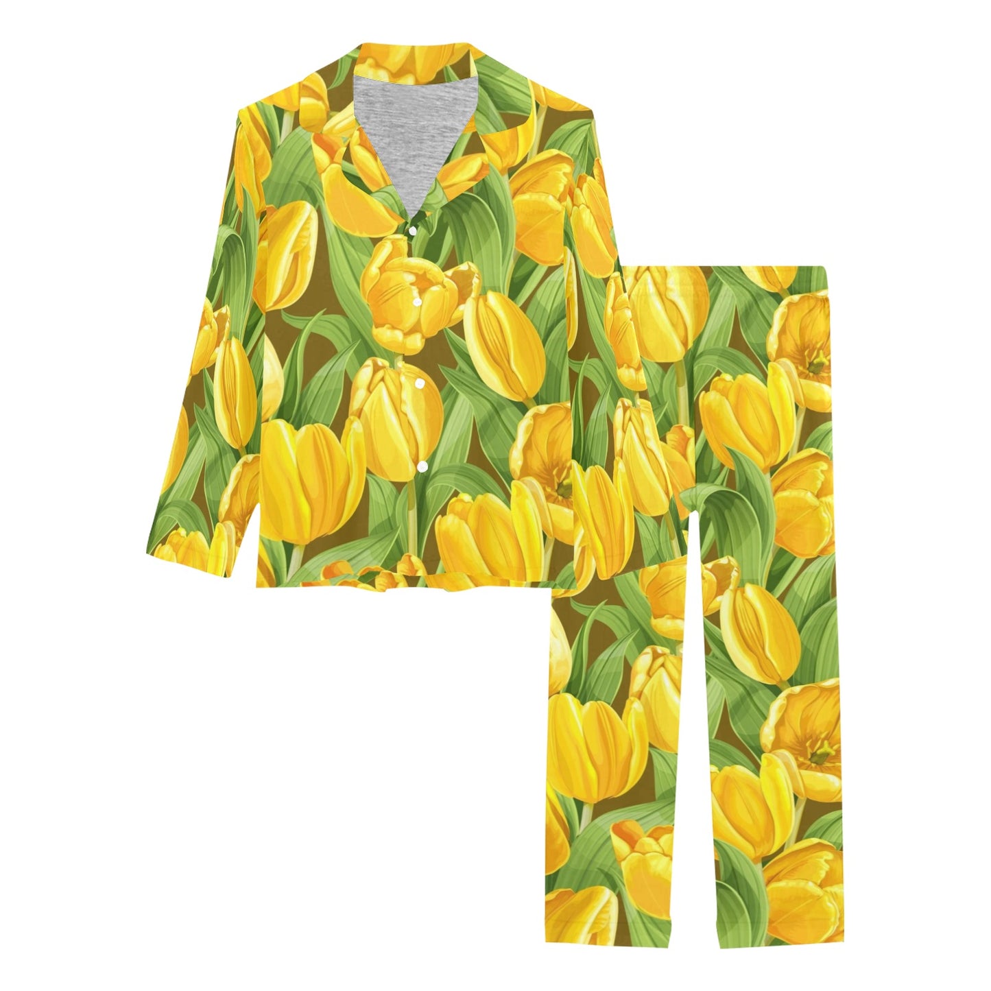 Tulip Yellow Pattern Print Design TP010 Women's Long Pajama Set