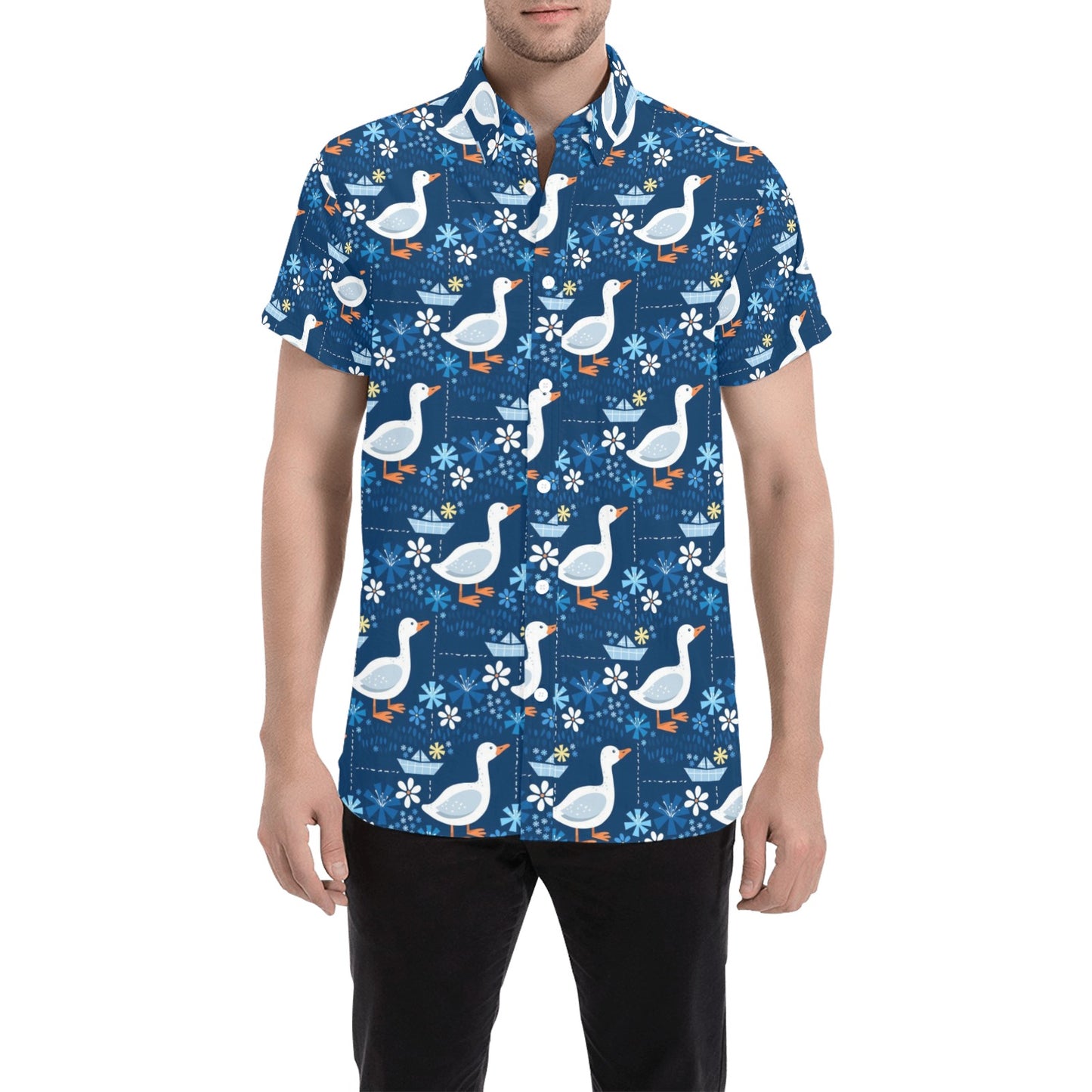 Goose Print Design LKS405 Men Short Sleeve Button Up Shirt