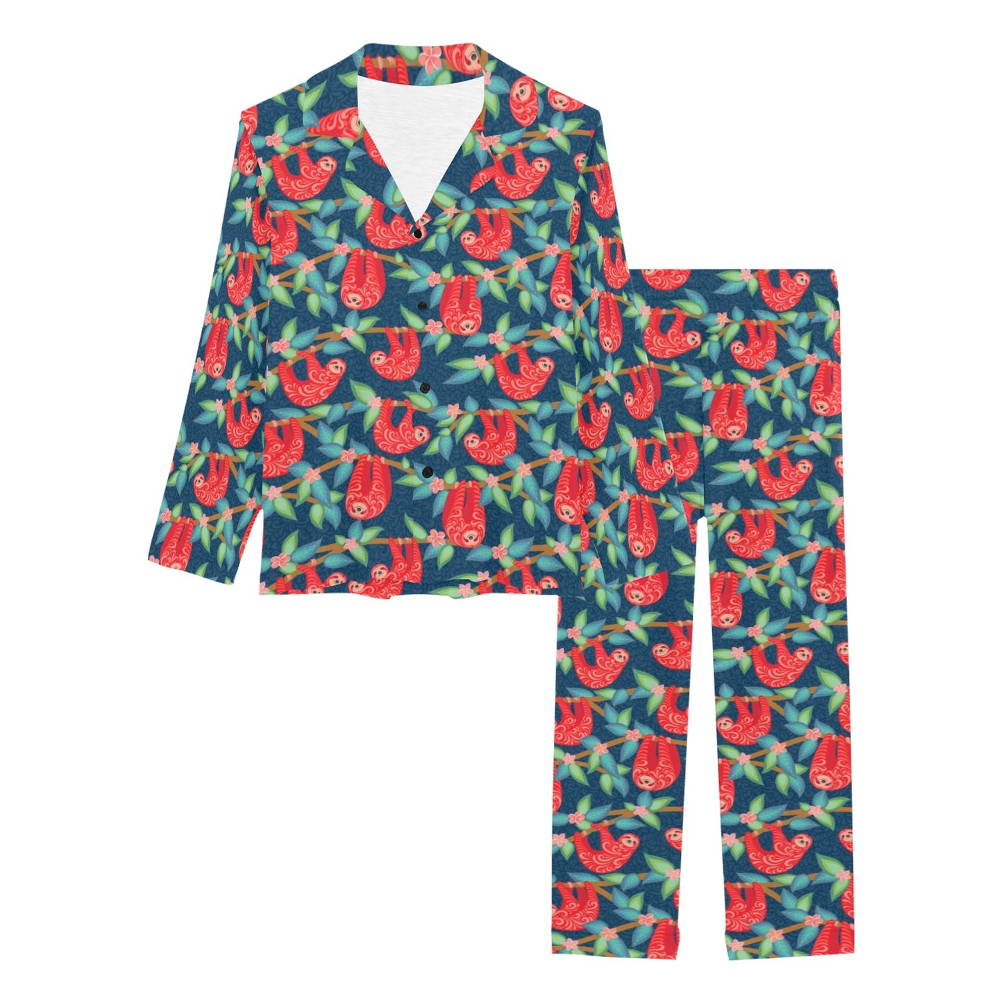 Sloth Red Design Themed Print Women's Long Pajama Set