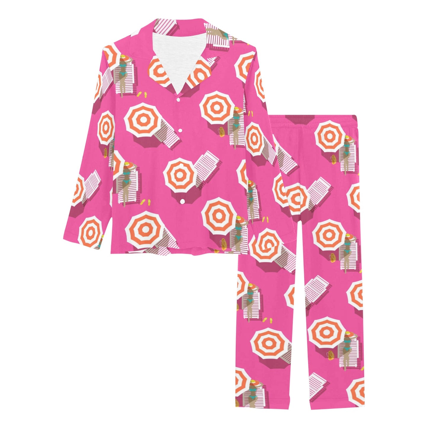 Beach Top View Umbrella Theme Women's Long Pajama Set