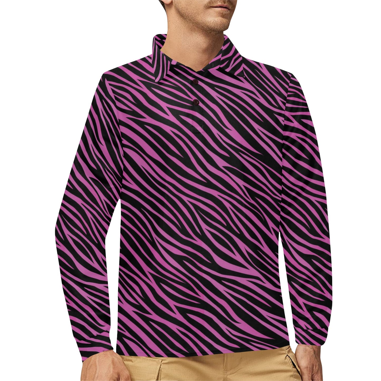 Zebra Pink Print Design LKS304 Long Sleeve Polo Shirt For Men's