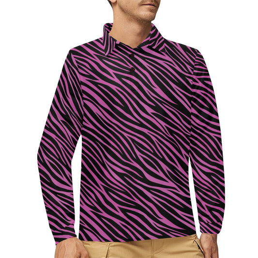 Zebra Pink Print Design LKS304 Long Sleeve Polo Shirt For Men's