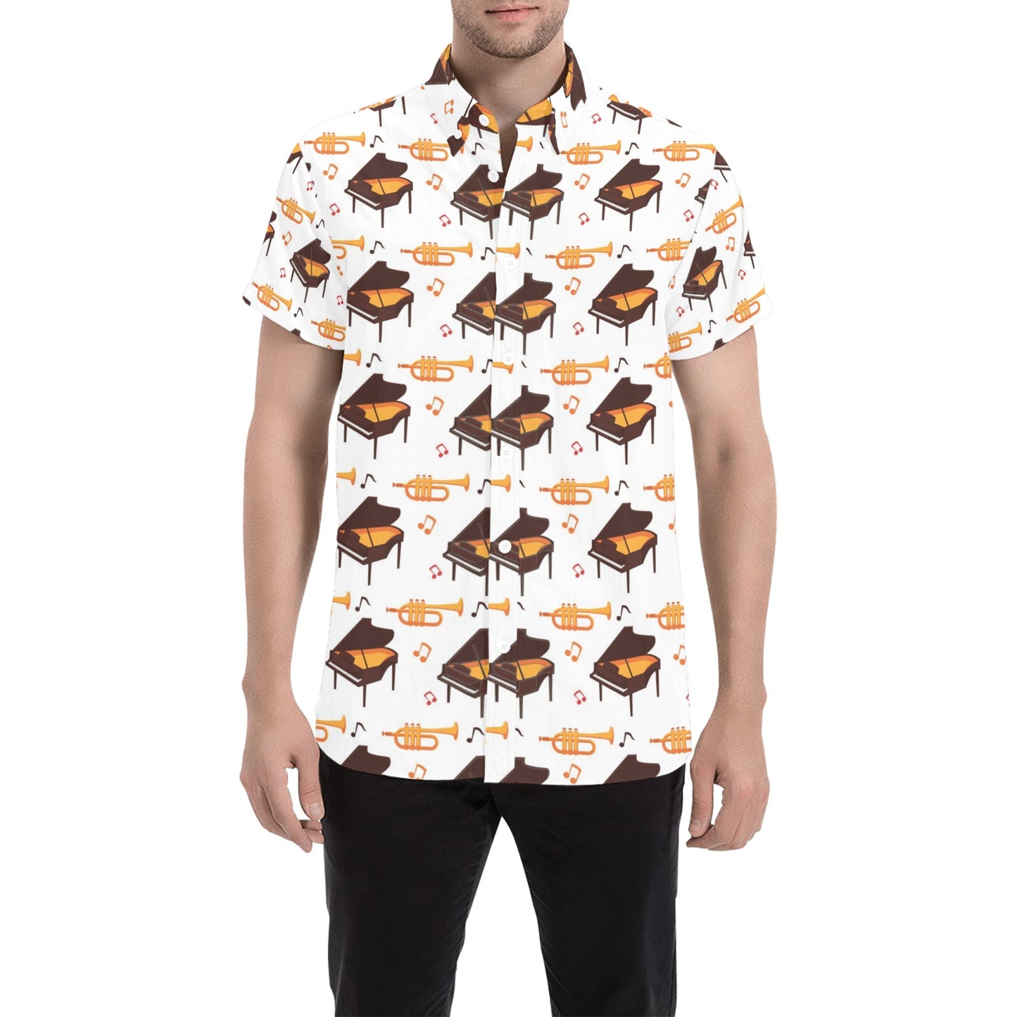 Piano Print Design LKS406 Men Short Sleeve Button Up Shirt