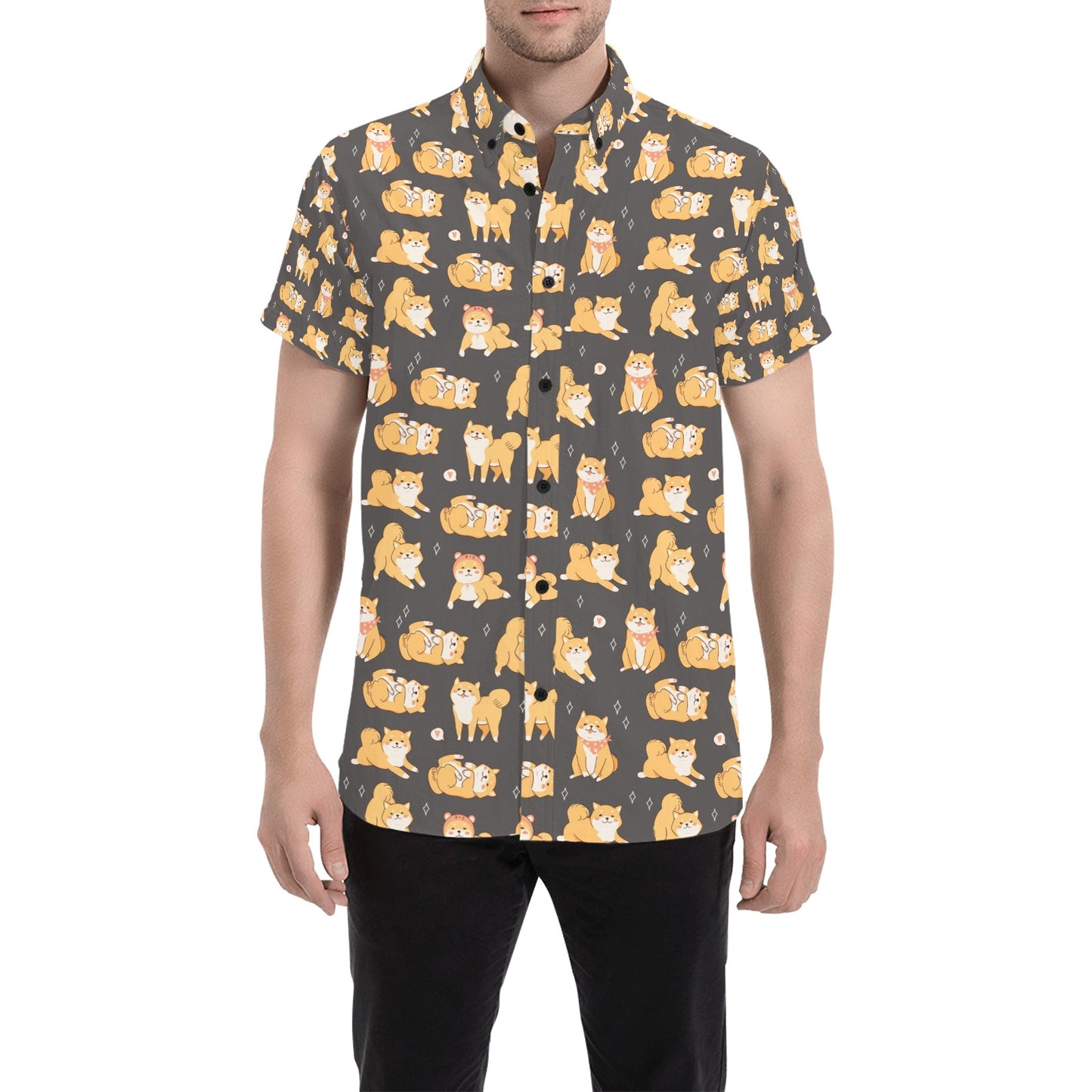 Shiba Inu Print Design LKS309 Men Short Sleeve Button Up Shirt