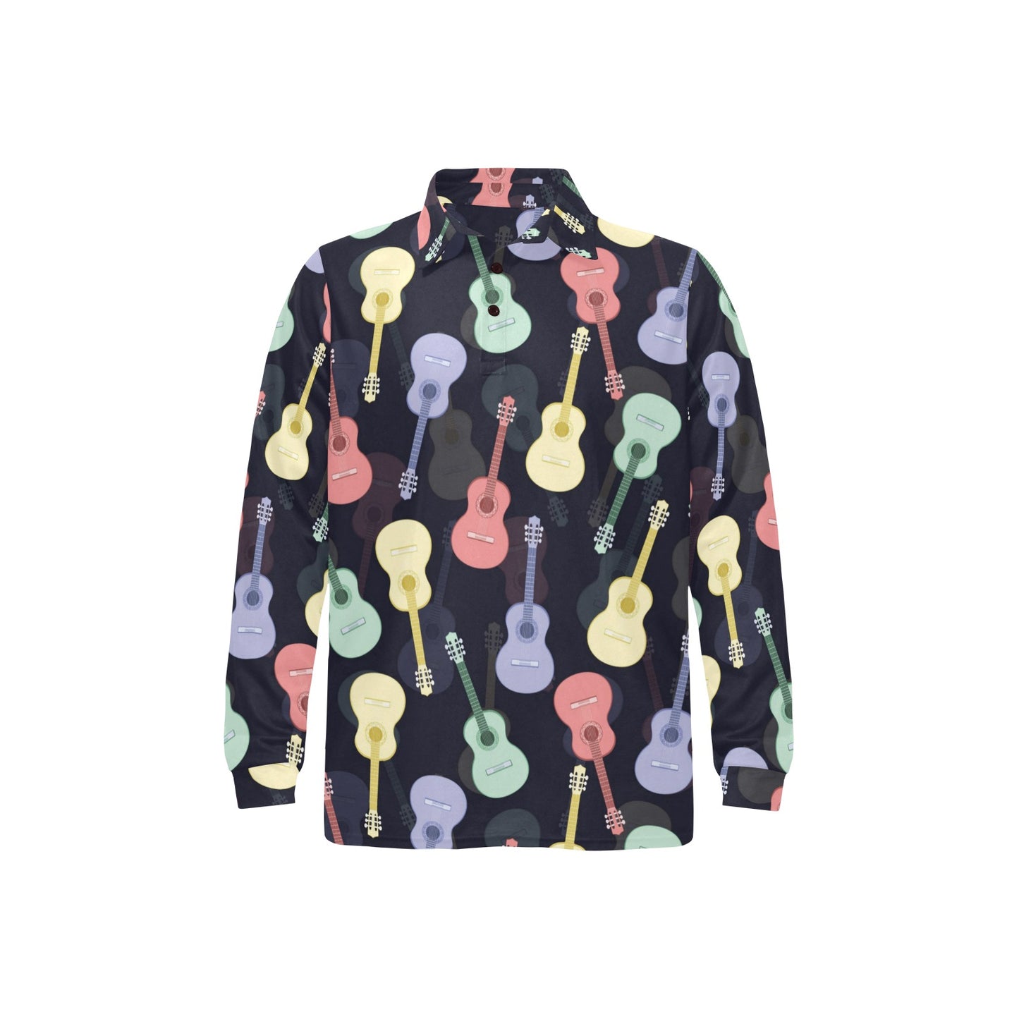 Acoustic Guitar Print Design LKS401 Long Sleeve Polo Shirt For Men's