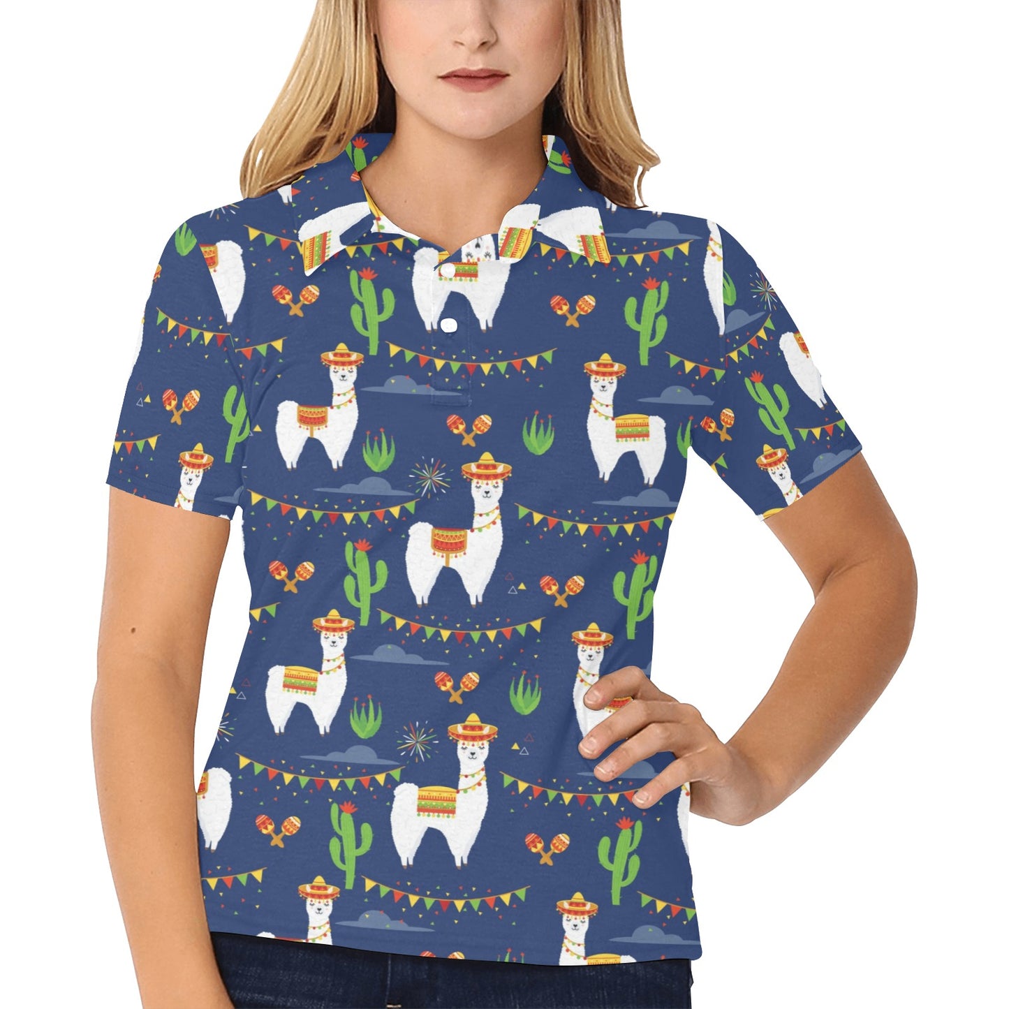 Llama Cactus Pattern Print Design 05 Women's Polo Shirt