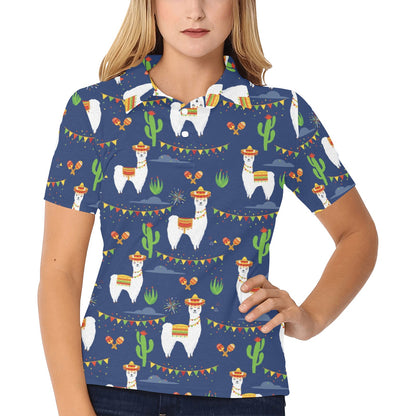 Llama Cactus Pattern Print Design 05 Women's Polo Shirt