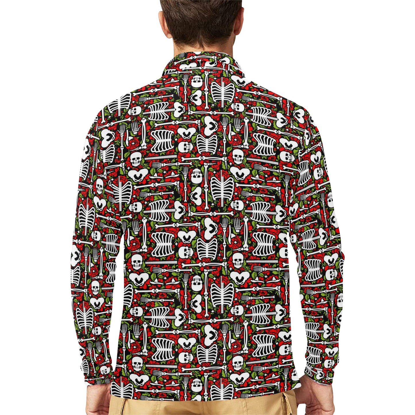 Skeleton Pattern Print Long Sleeve Polo Shirt For Men's