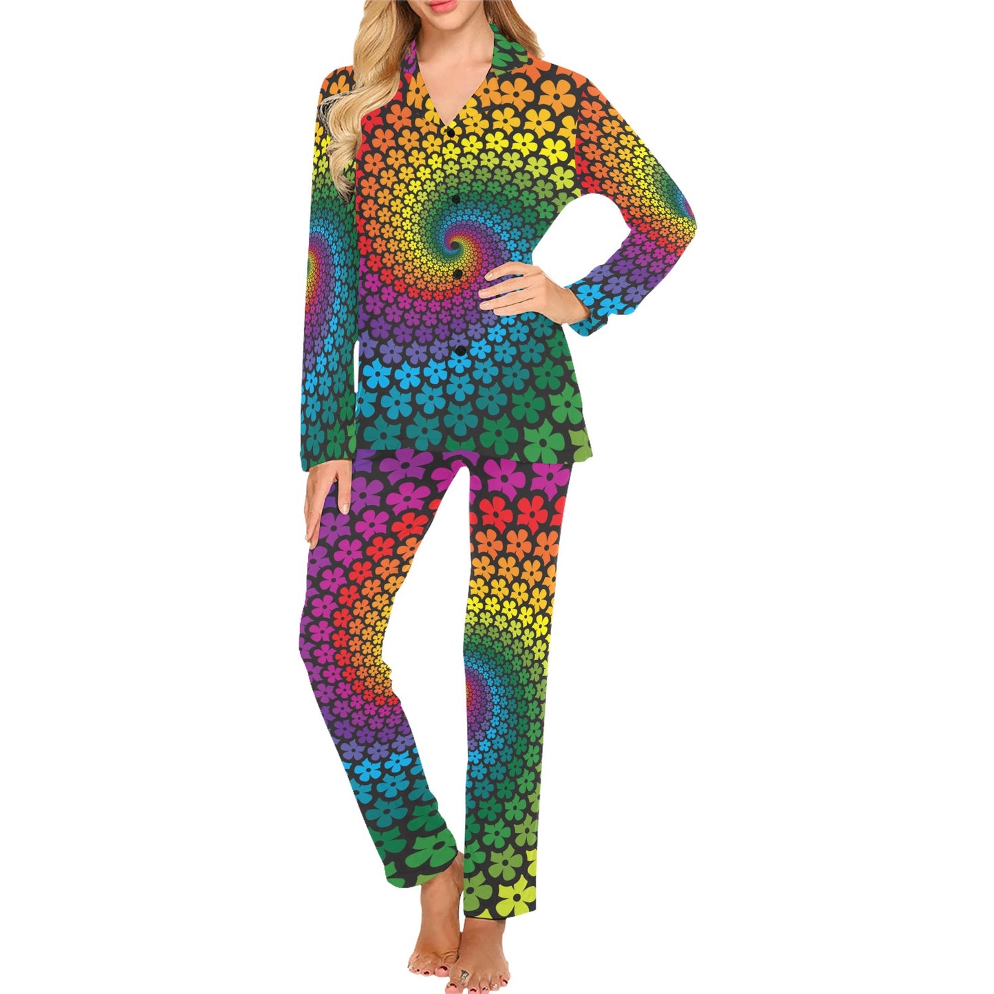 Flower Power Rainbow Spiral Print Women's Long Pajama Set