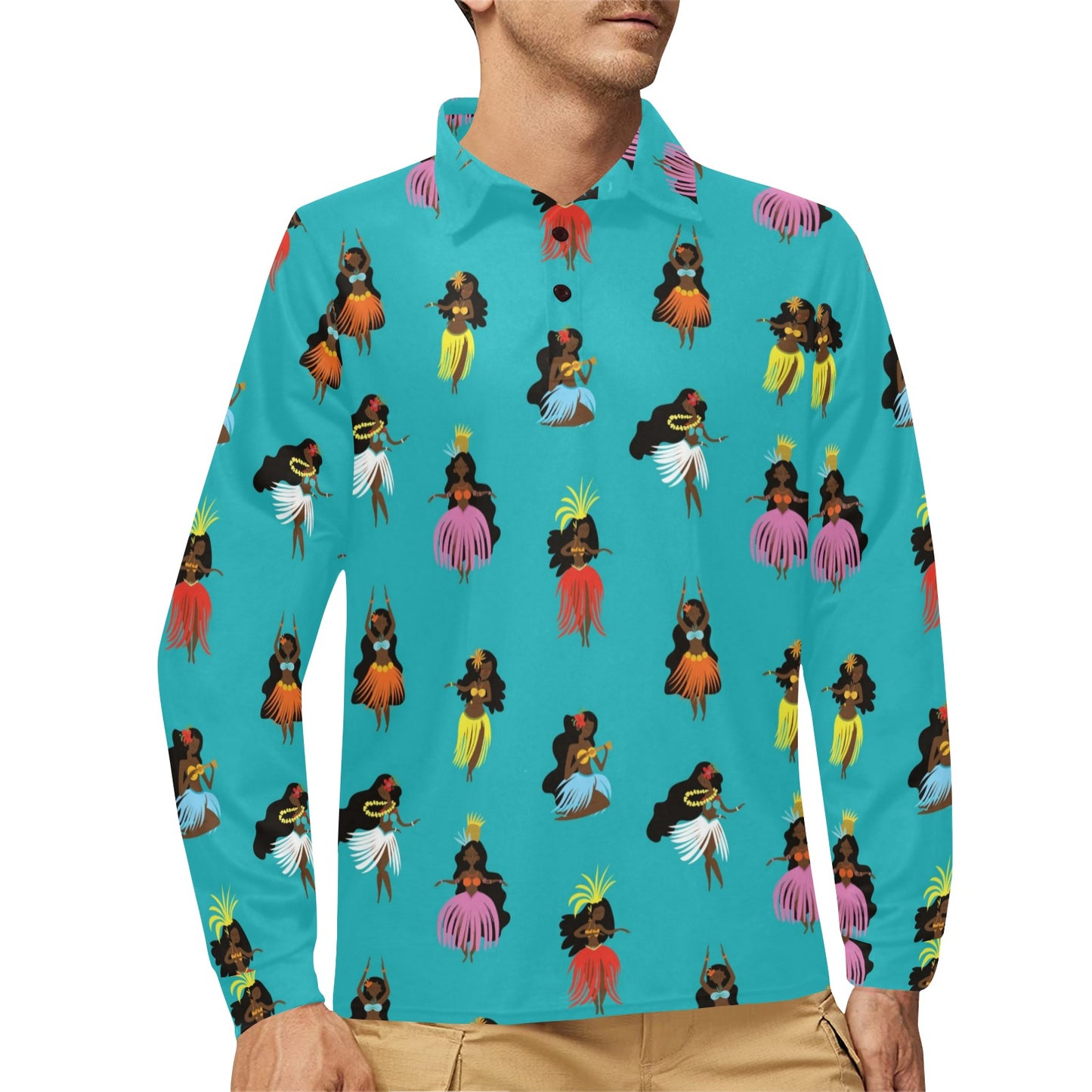 Hula Dancers Pattern Print Design 04 Long Sleeve Polo Shirt For Men's
