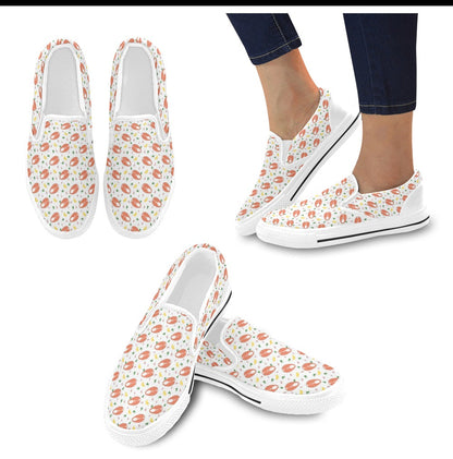 Salmon Steak Print Design LKS303 White Slip Ons Canvas Women's Shoes