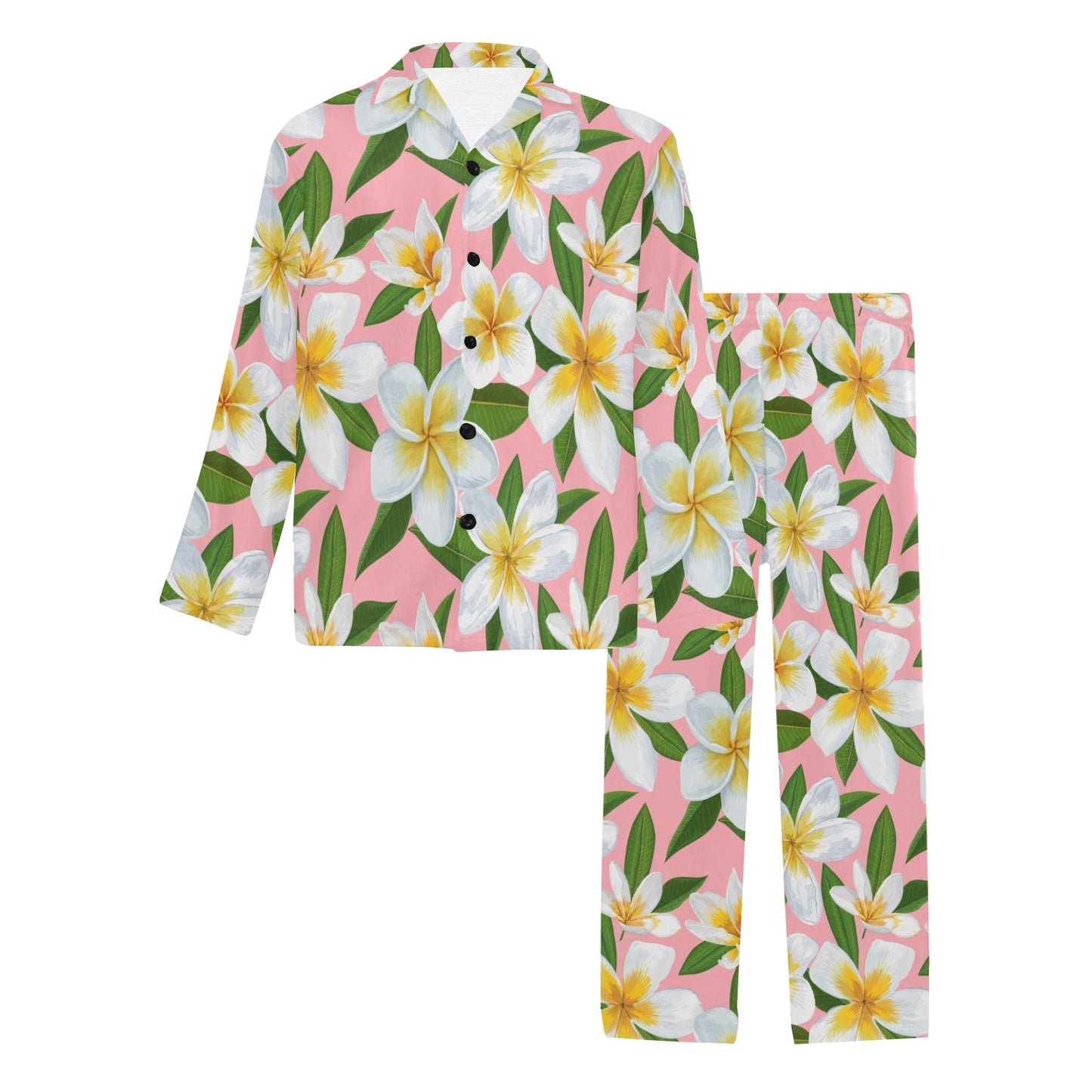 White Plumeria Pattern Print Design PM011 Men's Long Pajama Set