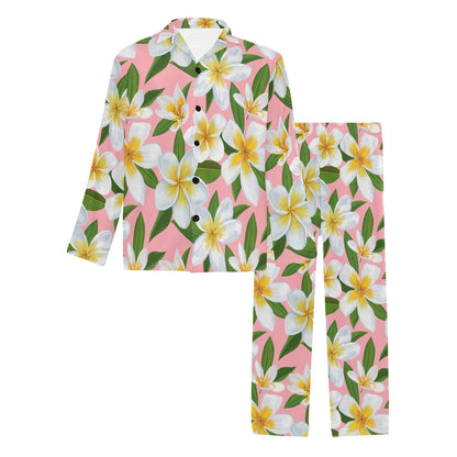 White Plumeria Pattern Print Design PM011 Men's Long Pajama Set