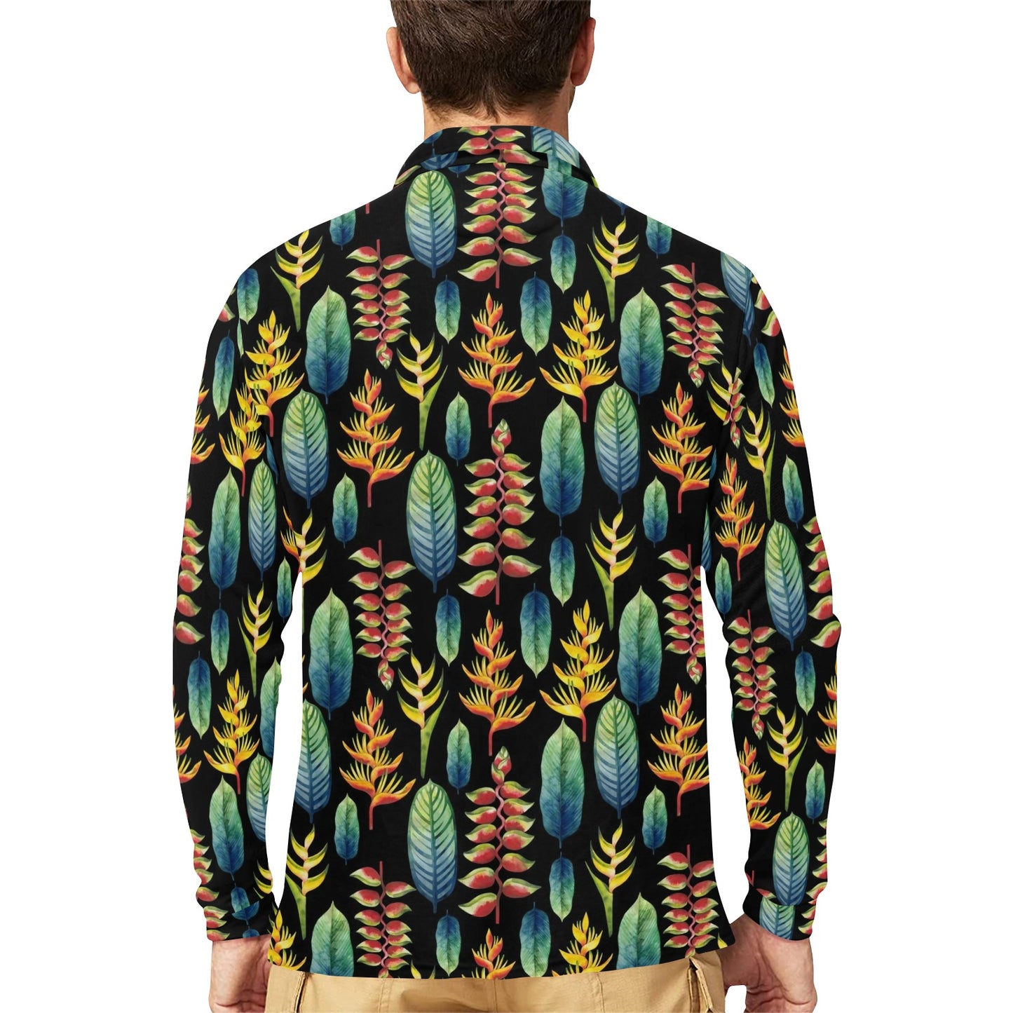 Heliconia Pattern Print Design HL03 Long Sleeve Polo Shirt For Men's