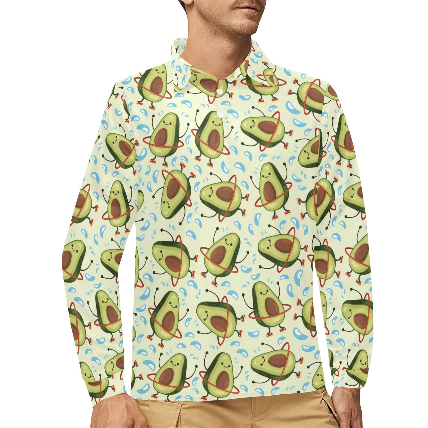 Avocado Pattern Print Design AC02 Long Sleeve Polo Shirt For Men's