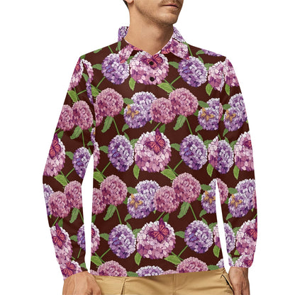 Hydrangea Pattern Print Design HD08 Long Sleeve Polo Shirt For Men's