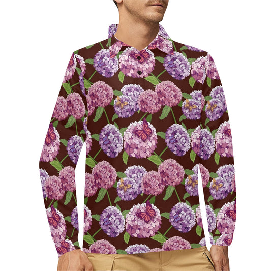 Hydrangea Pattern Print Design HD08 Long Sleeve Polo Shirt For Men's