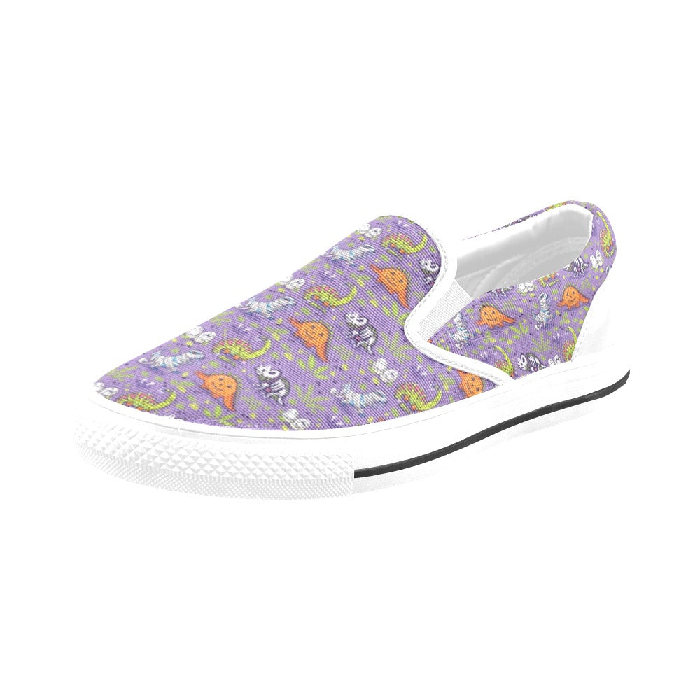 Zombie Dinosaur Print Design LKS302 White Slip Ons Canvas Women's Shoes