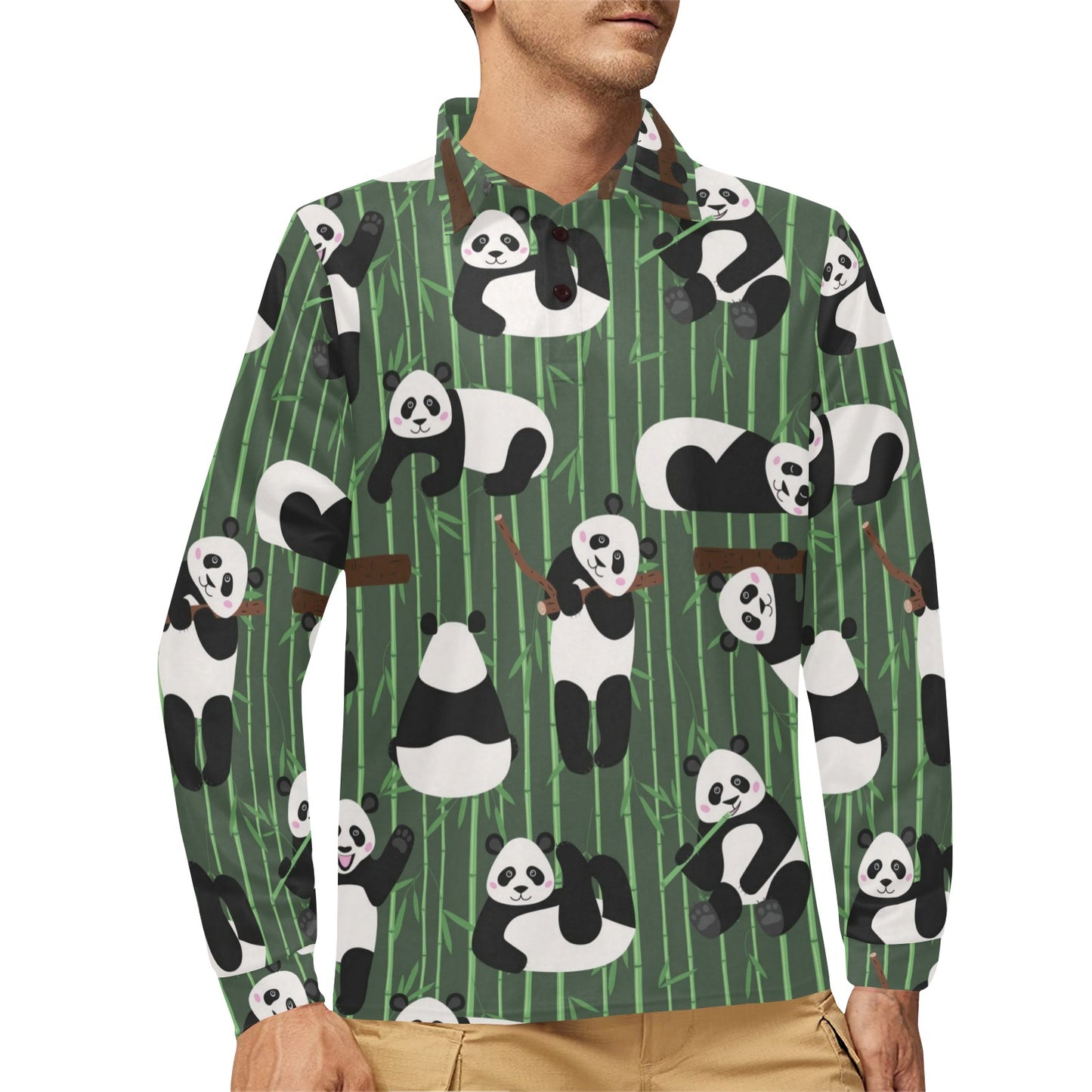 Panda Pattern Print Design A04 Long Sleeve Polo Shirt For Men's