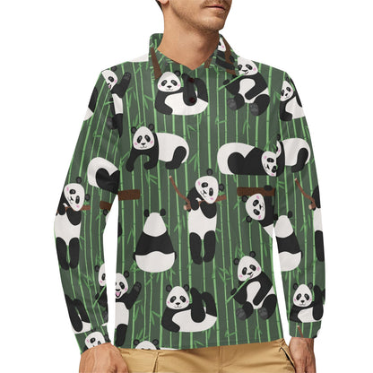 Panda Pattern Print Design A04 Long Sleeve Polo Shirt For Men's