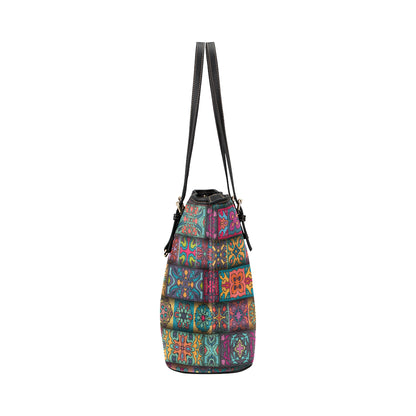 Mandala Style Design Print Leather Tote Bag
