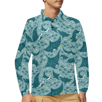 Manta Ray Tribal Pattern Print Design 03 Long Sleeve Polo Shirt For Men's