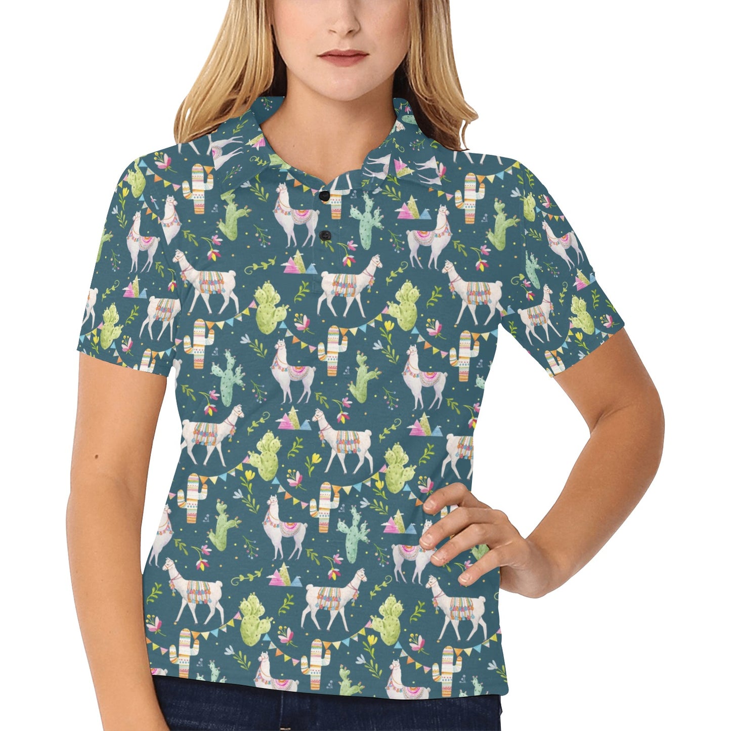 Llama with Cactus Design Print Women's Polo Shirt