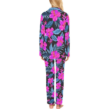 Neon Pink Hibiscus Pattern Print Design HB015 Women's Long Pajama Set