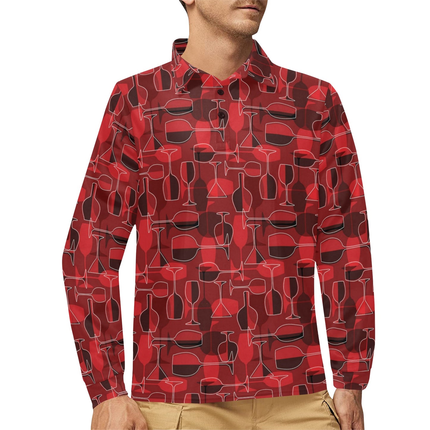 Wine Glass Print Design LKS301 Long Sleeve Polo Shirt For Men's