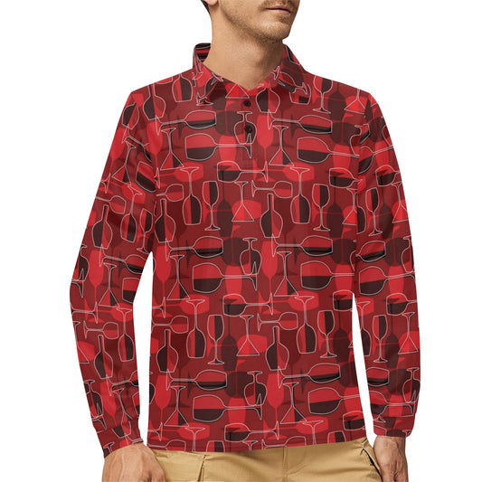 Wine Glass Print Design LKS301 Long Sleeve Polo Shirt For Men's