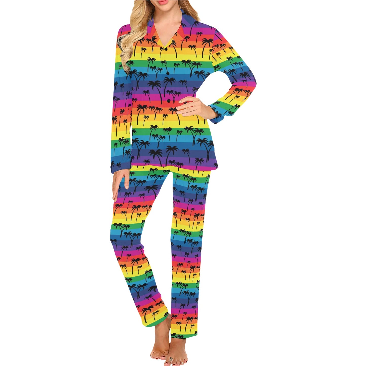 Palm Tree Rainbow Themed Print Women's Long Pajama Set