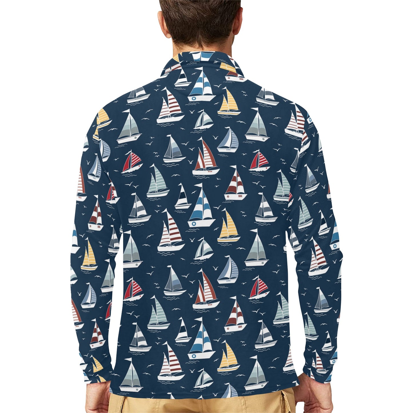 Sailboat Print Design LKS306 Long Sleeve Polo Shirt For Men's
