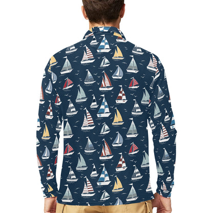 Sailboat Print Design LKS306 Long Sleeve Polo Shirt For Men's