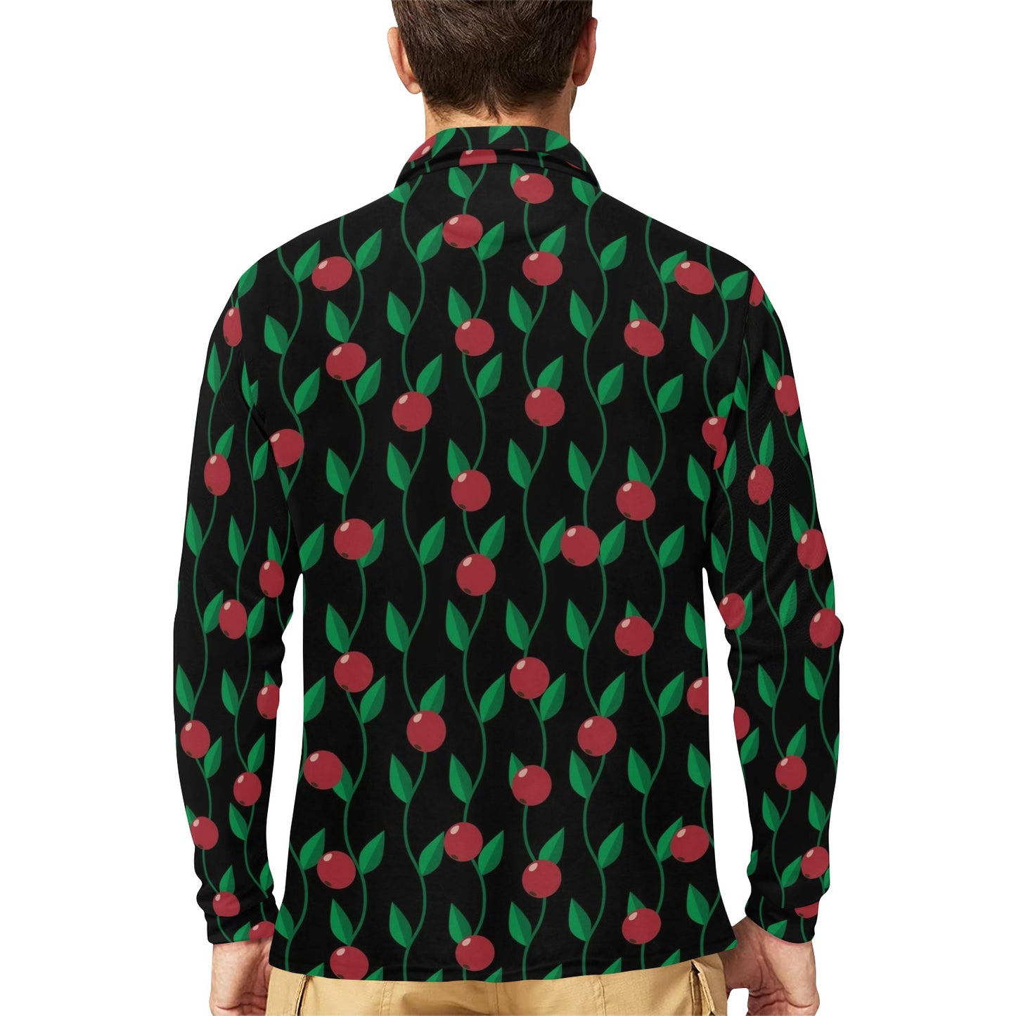 Cranberry Pattern Print Design CB01 Long Sleeve Polo Shirt For Men's