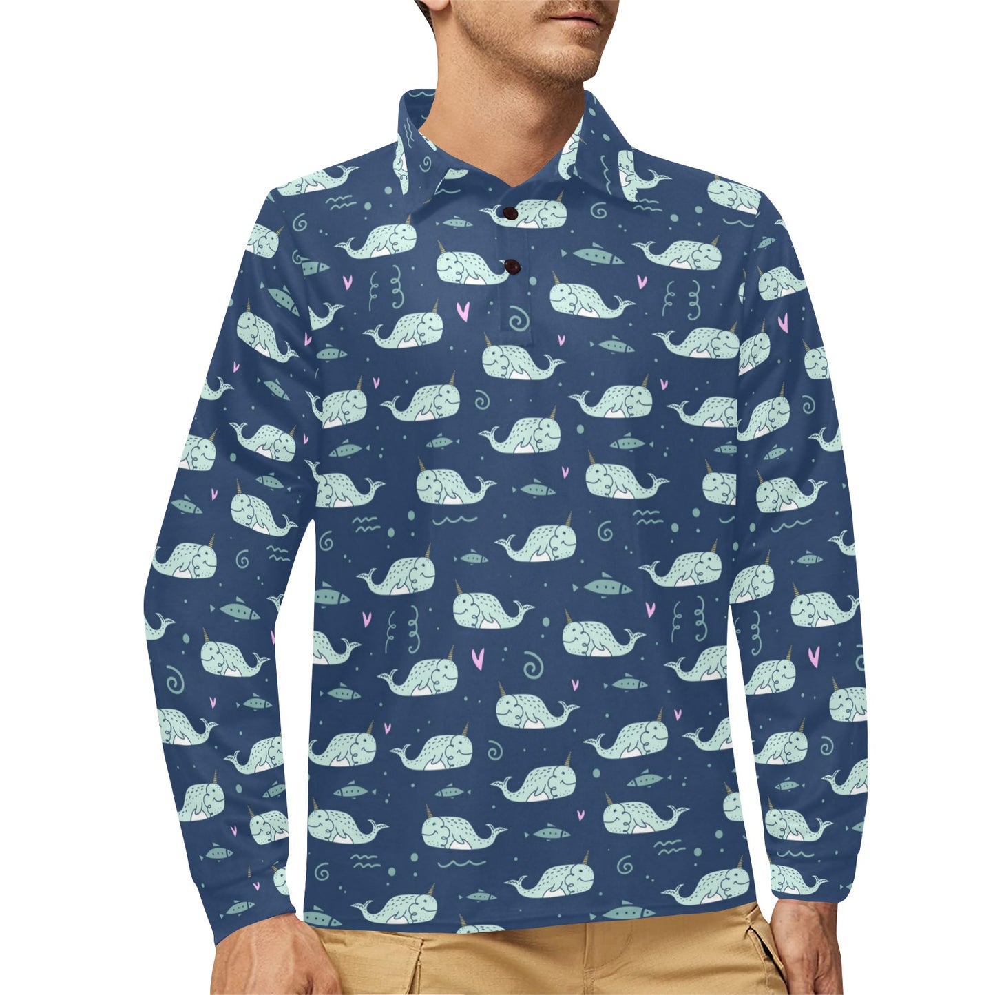 Narwhal Design Print Long Sleeve Polo Shirt For Men's