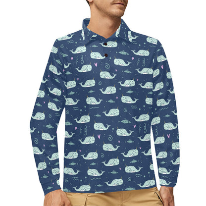 Narwhal Design Print Long Sleeve Polo Shirt For Men's