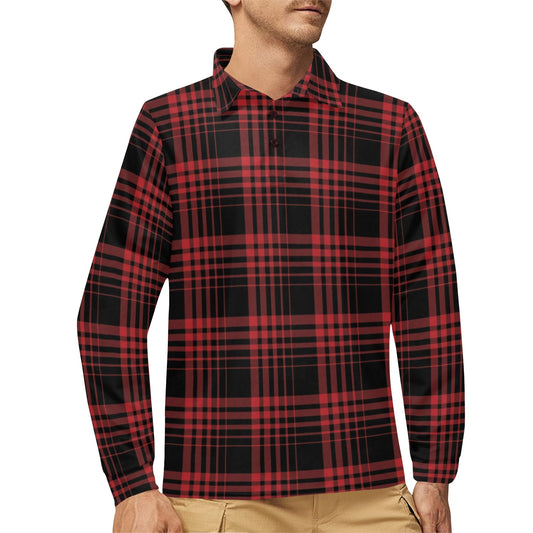 Tartan Red Black Print Design LKS303 Long Sleeve Polo Shirt For Men's